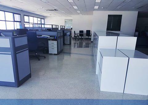 An office with epoxy flake flooring