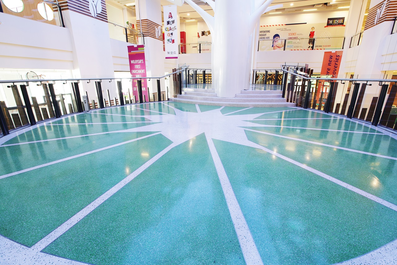 White and green epoxy mall flooring