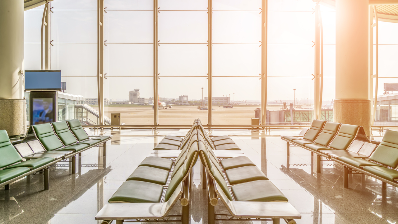 Wide view of an airport terminal