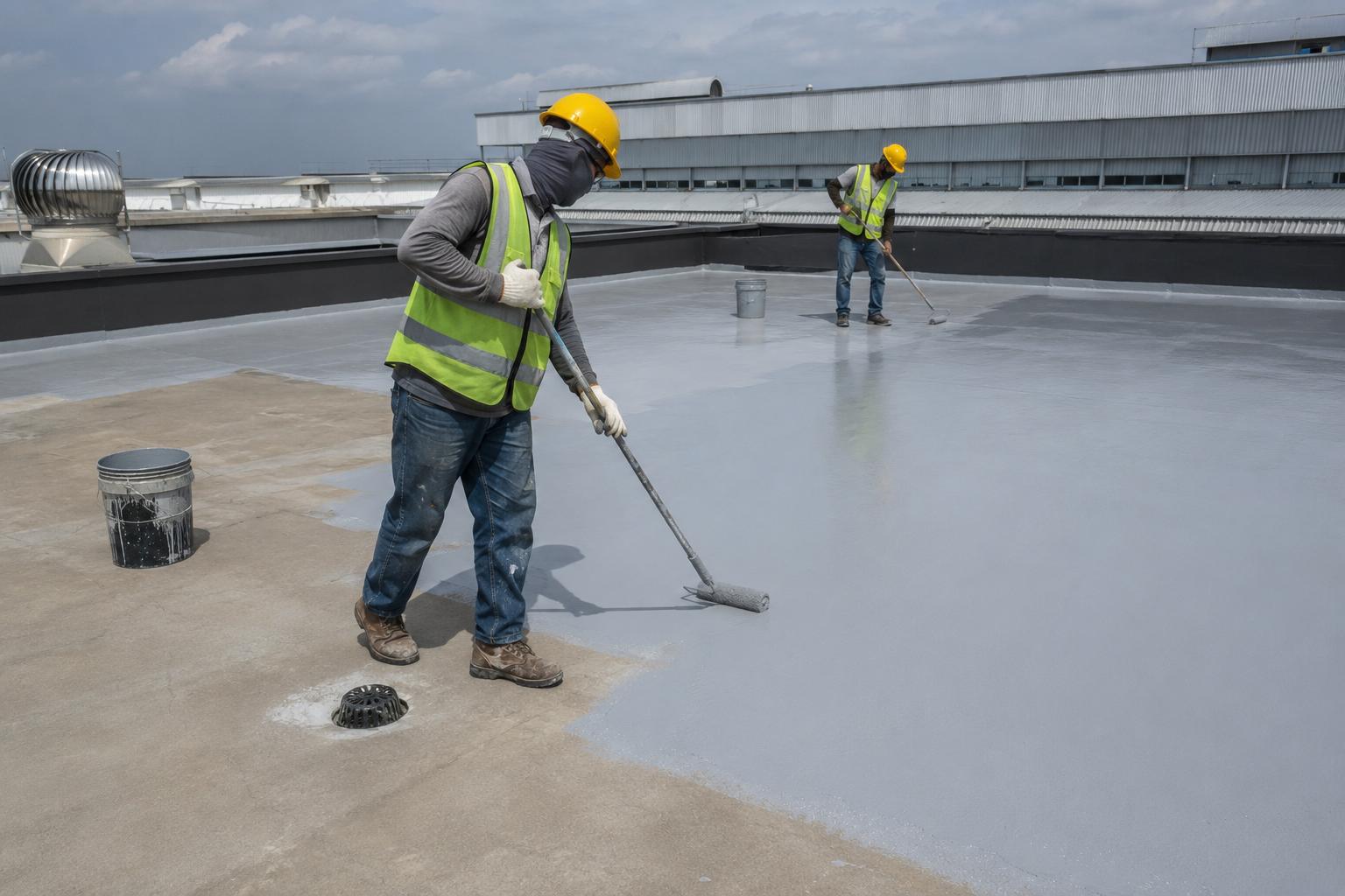 Construction workers waterproofing a concrete roof deck with rollers and safety gear.