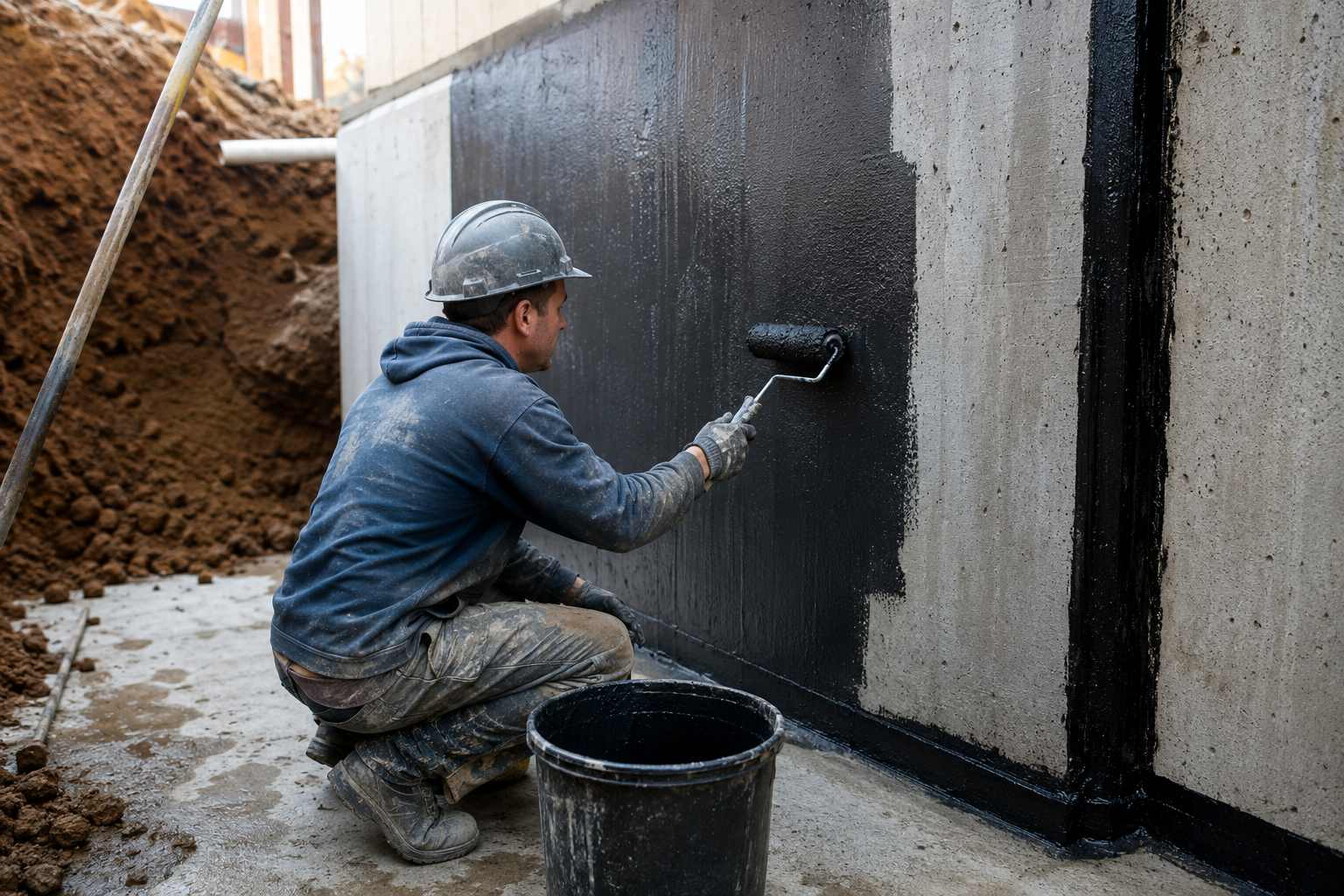 Worker applying a protective waterproofing membrane to a concrete foundation wall.