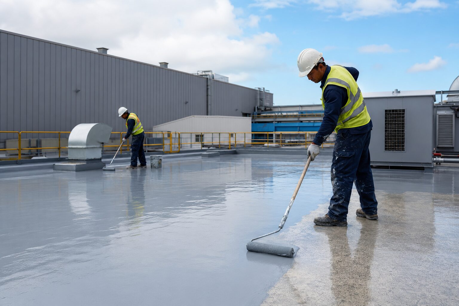Workers applying a seamless waterproof coating on a flat industrial rooftop.