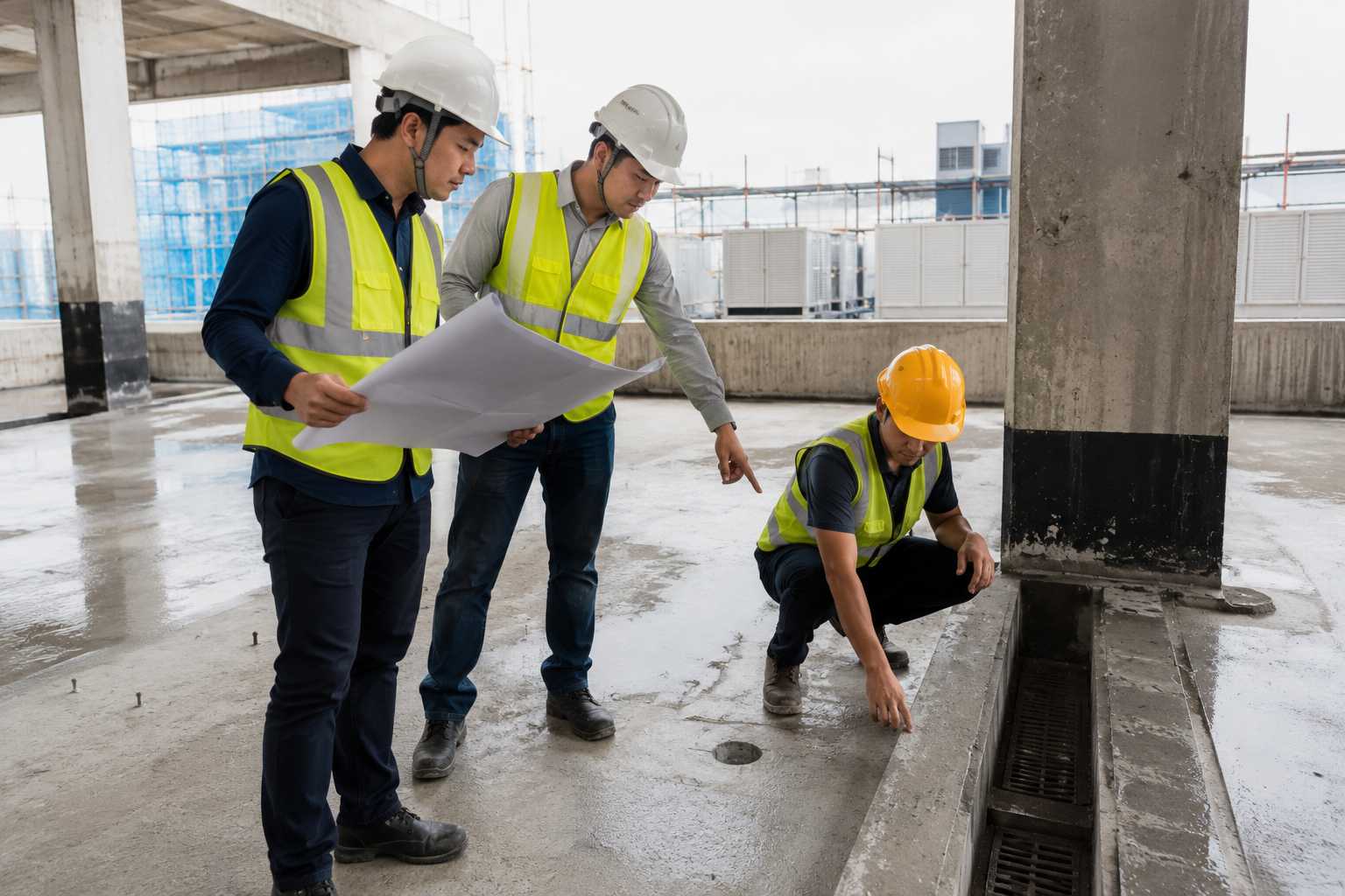 Engineers inspecting drainage and concrete surfaces before waterproofing work begins.