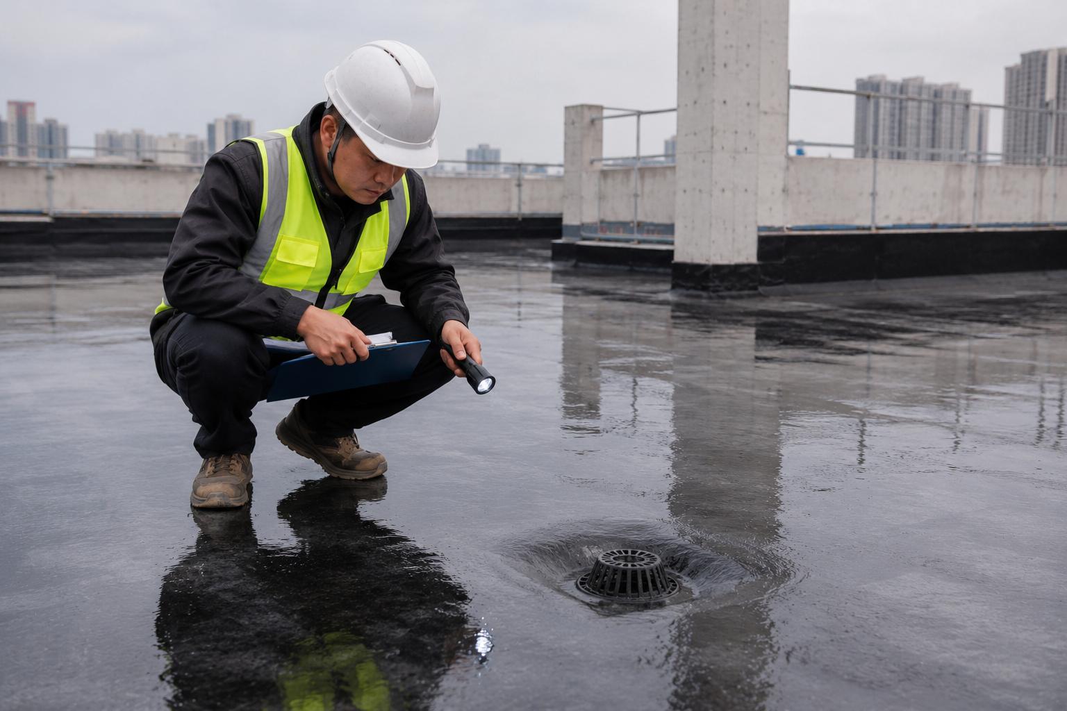 Worker inspecting a waterproofed roof deck and drainage point during quality checks.