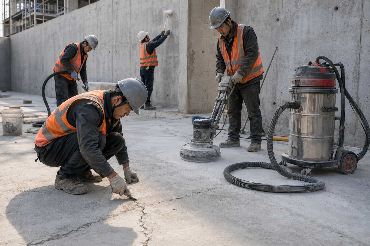 Construction workers preparing a concrete surface before waterproofing application.