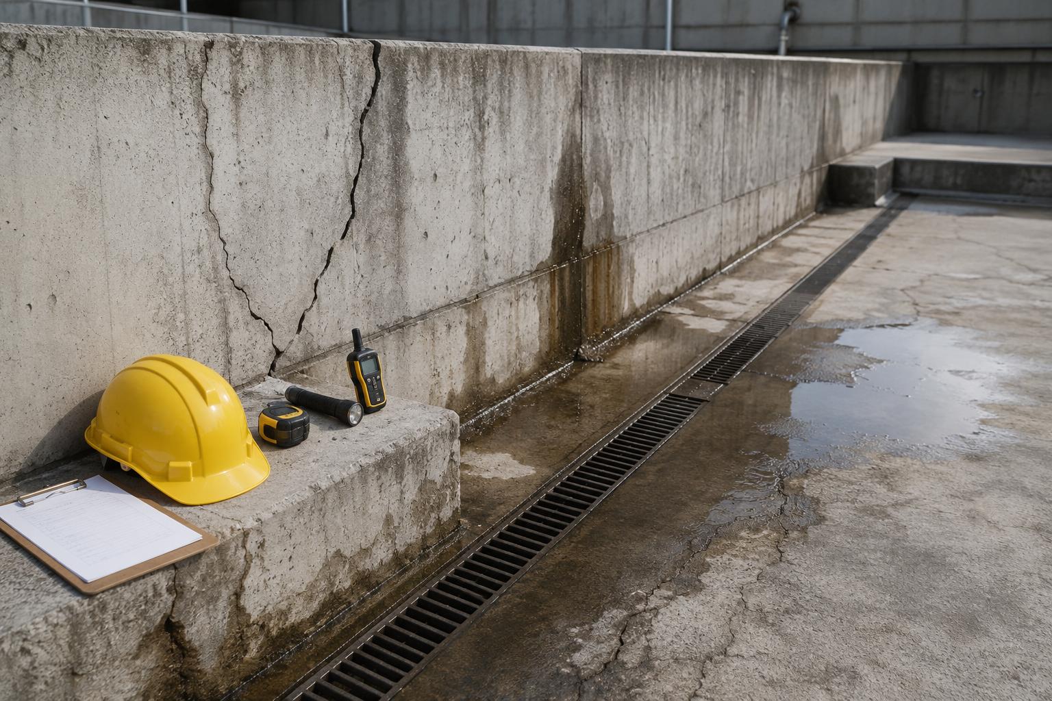 Inspection tools placed near cracked concrete, drainage channels, and moisture stains on an industrial surface.