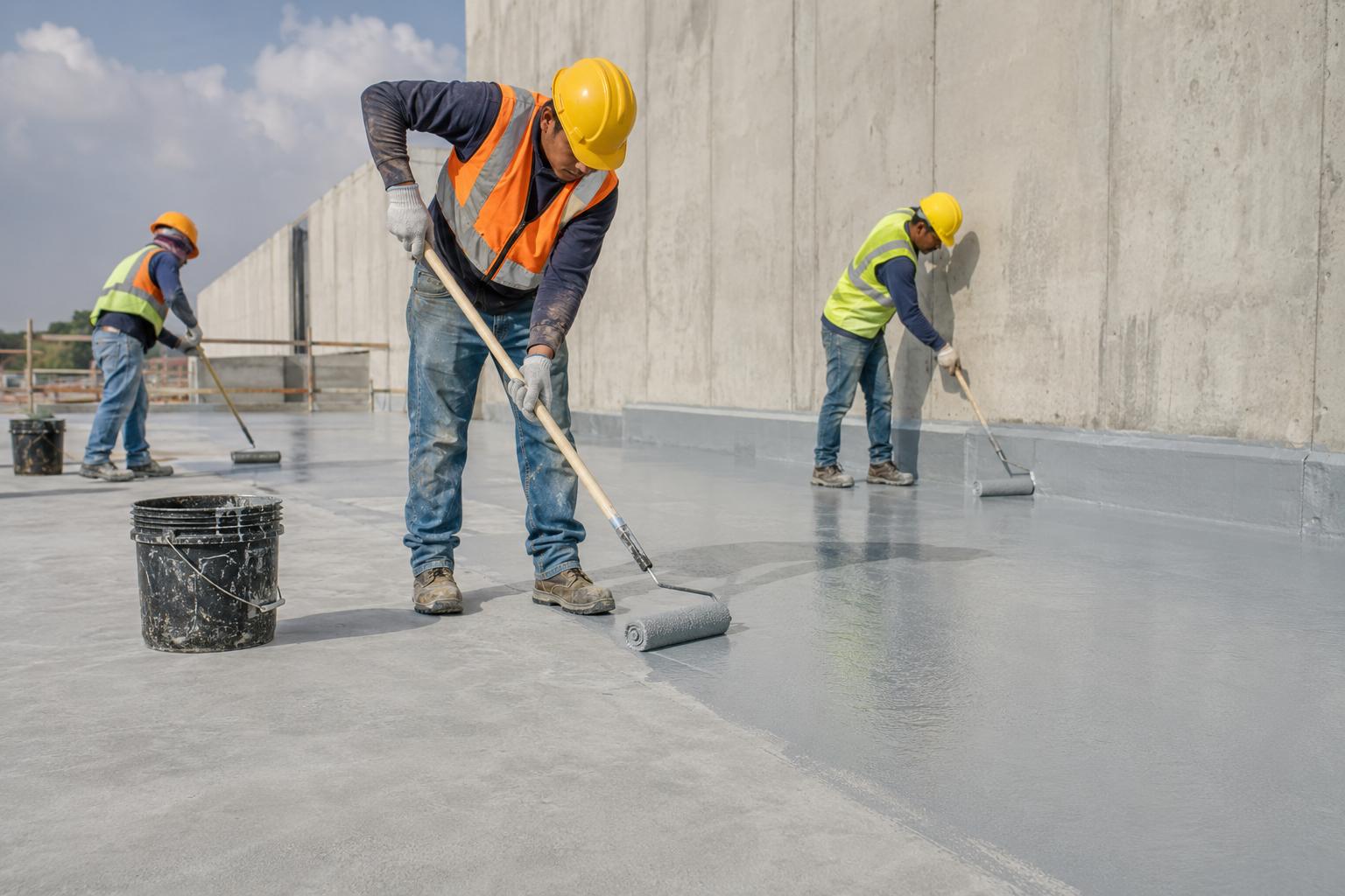 Workers applying a waterproofing coating on a prepared concrete surface at a construction site.