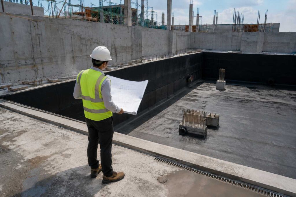 Engineer reviewing waterproofing plans at a commercial construction site with exposed concrete structures.