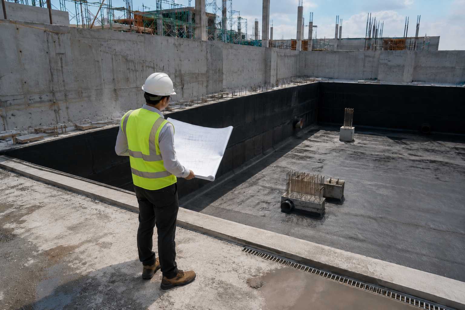 Engineer reviewing waterproofing plans at a commercial construction site with exposed concrete structures.