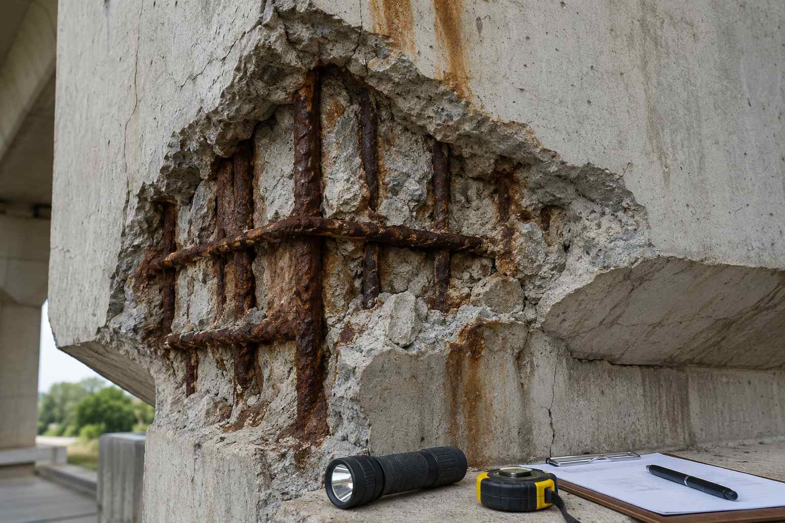 Exposed corroded steel reinforcement inside cracked and spalling concrete on a deteriorated bridge support.