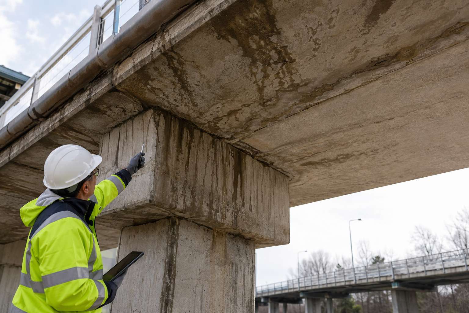 Engineer inspecting moisture stains and cracks on the underside of a concrete bridge structure.