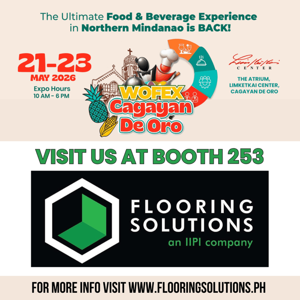Promotional poster for WOFEX Cagayan De Oro 2026 featuring Flooring Solutions. The event runs from May 21–23, 2026, from 10 AM to 6 PM at The Atrium, Limketkai Center, Cagayan de Oro.