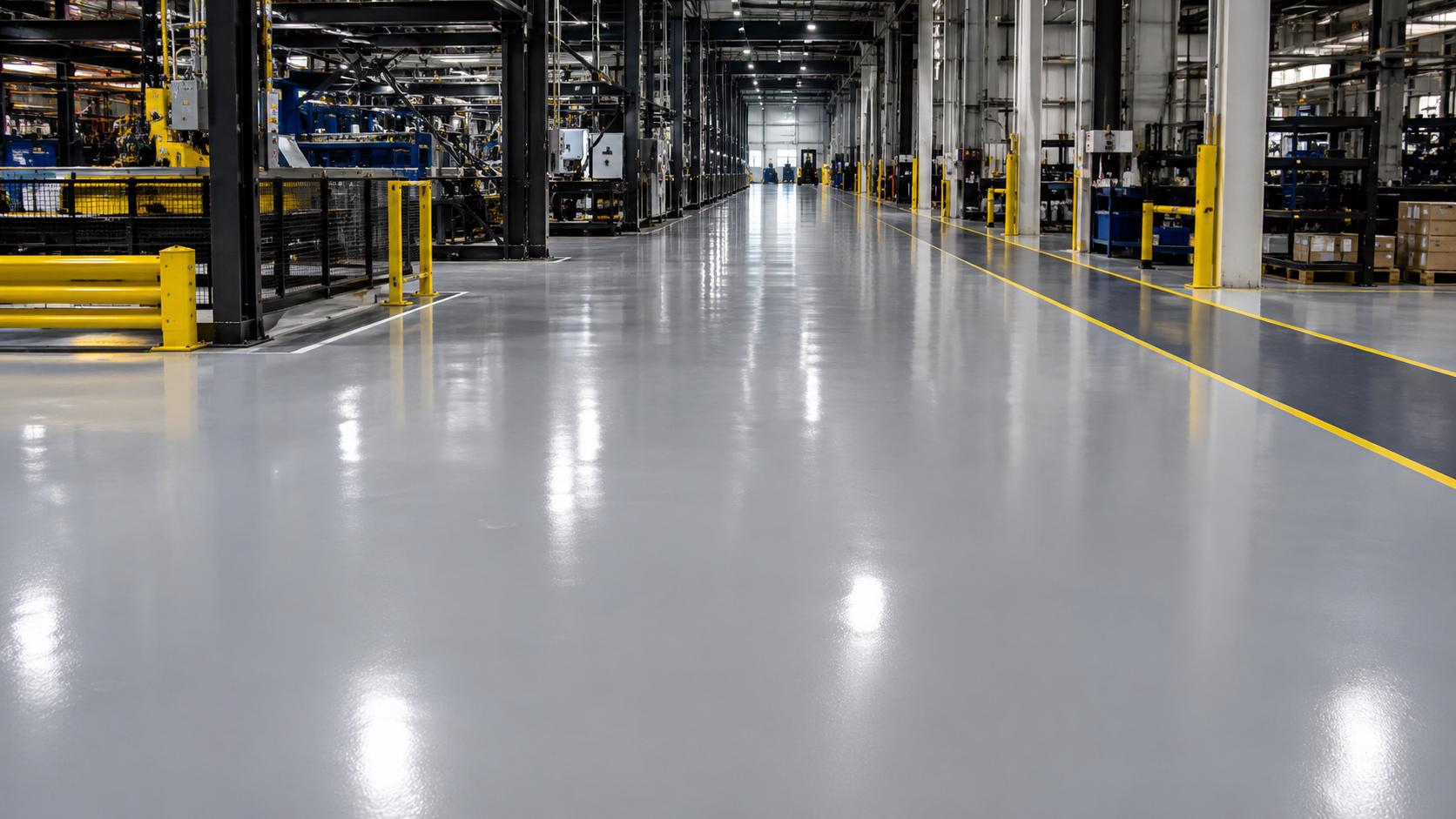 Glossy gray epoxy flooring in a large industrial facility with machinery, safety barriers, and yellow floor markings