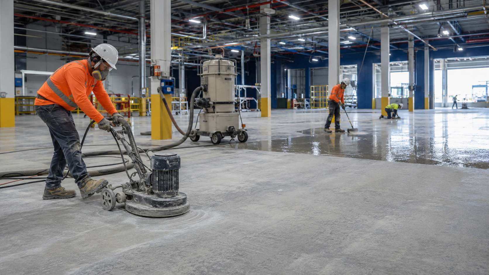 Workers preparing a concrete floor for epoxy installation inside a large industrial facility using grinding equipment