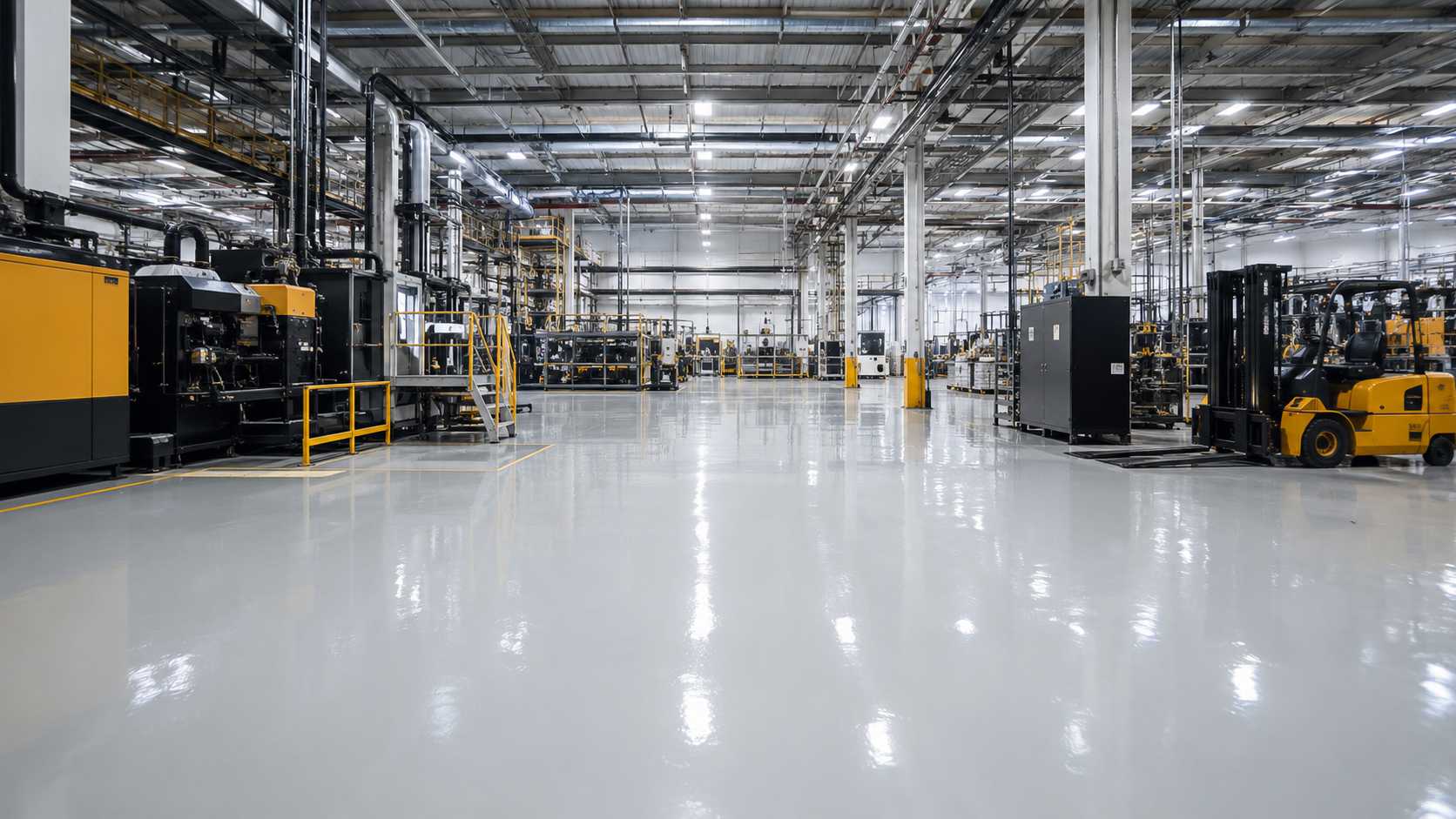 Spacious manufacturing facility with high-gloss epoxy flooring, industrial equipment, and a forklift