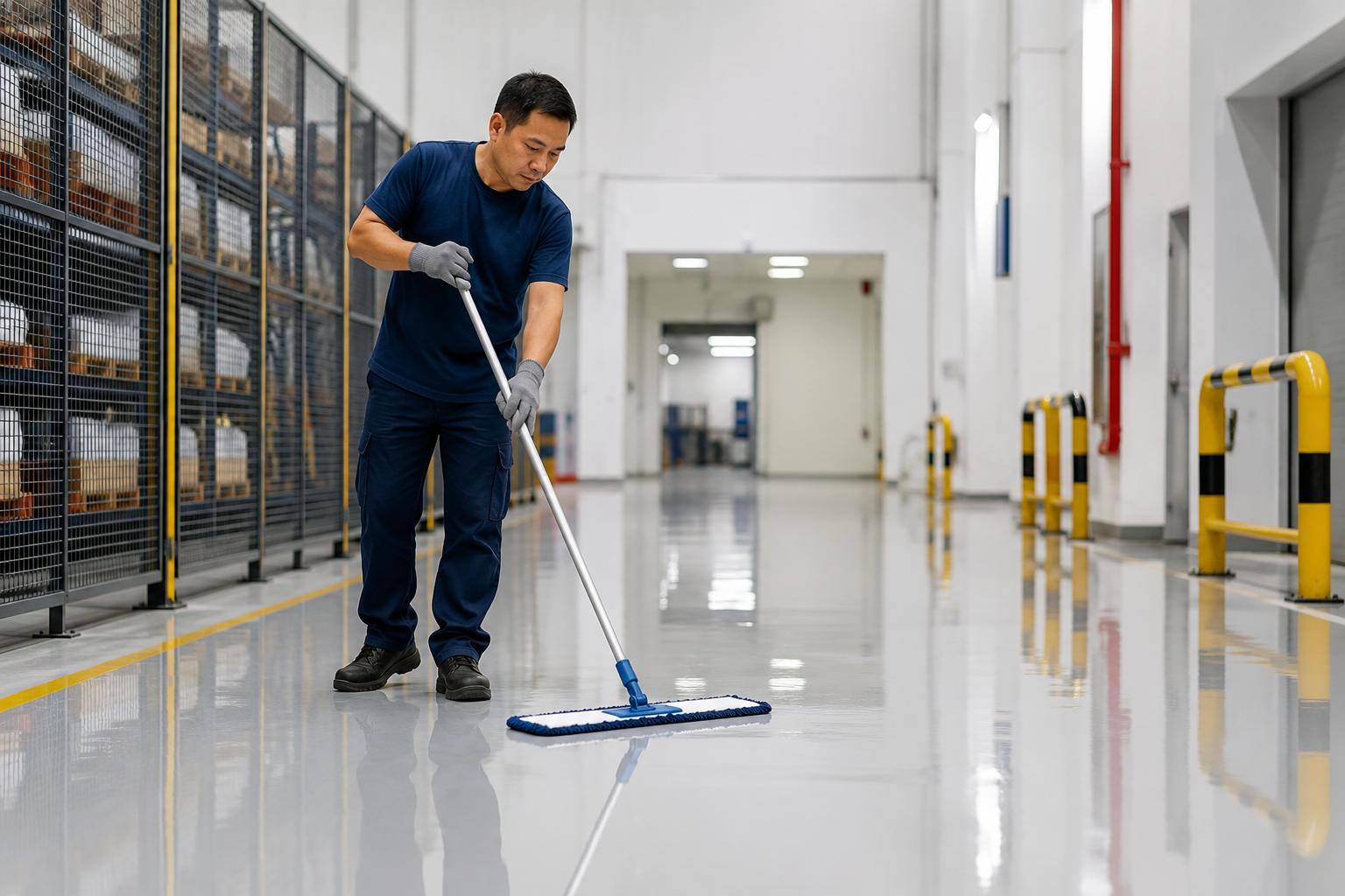 Worker cleaning a smooth self-leveling epoxy floor in a clean industrial storage corridor