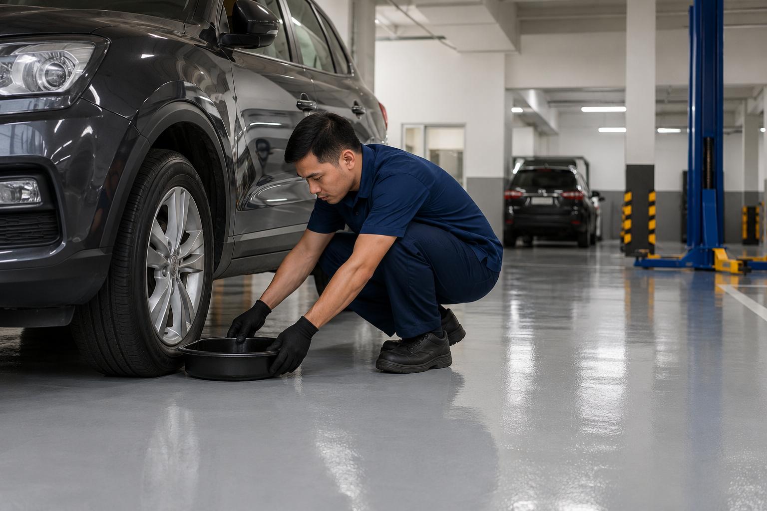 Technician inspecting a vehicle area on a seamless epoxy floor inside an industrial parking or maintenance facility