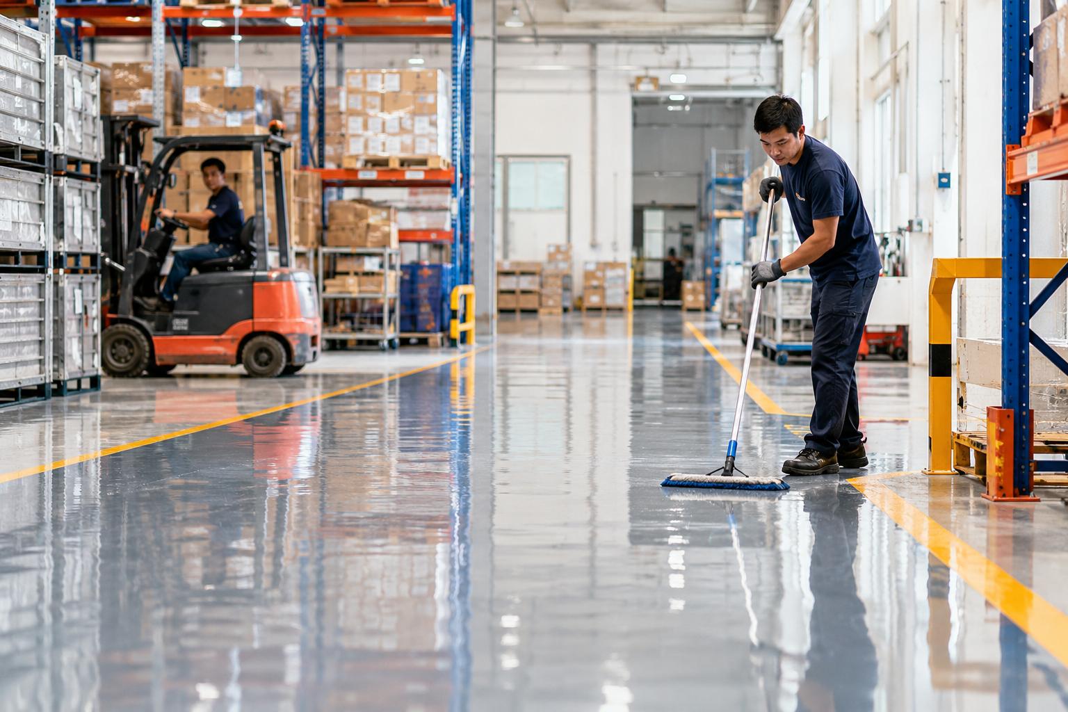Worker mopping a glossy epoxy floor in a large warehouse with racks, boxes, and a forklift in the background