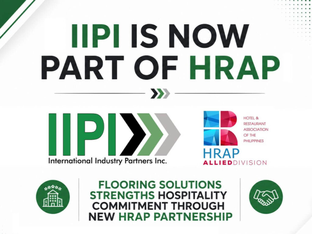 Graphic announcing IIPI’s membership in HRAP and its strengthened commitment to hospitality flooring solutions