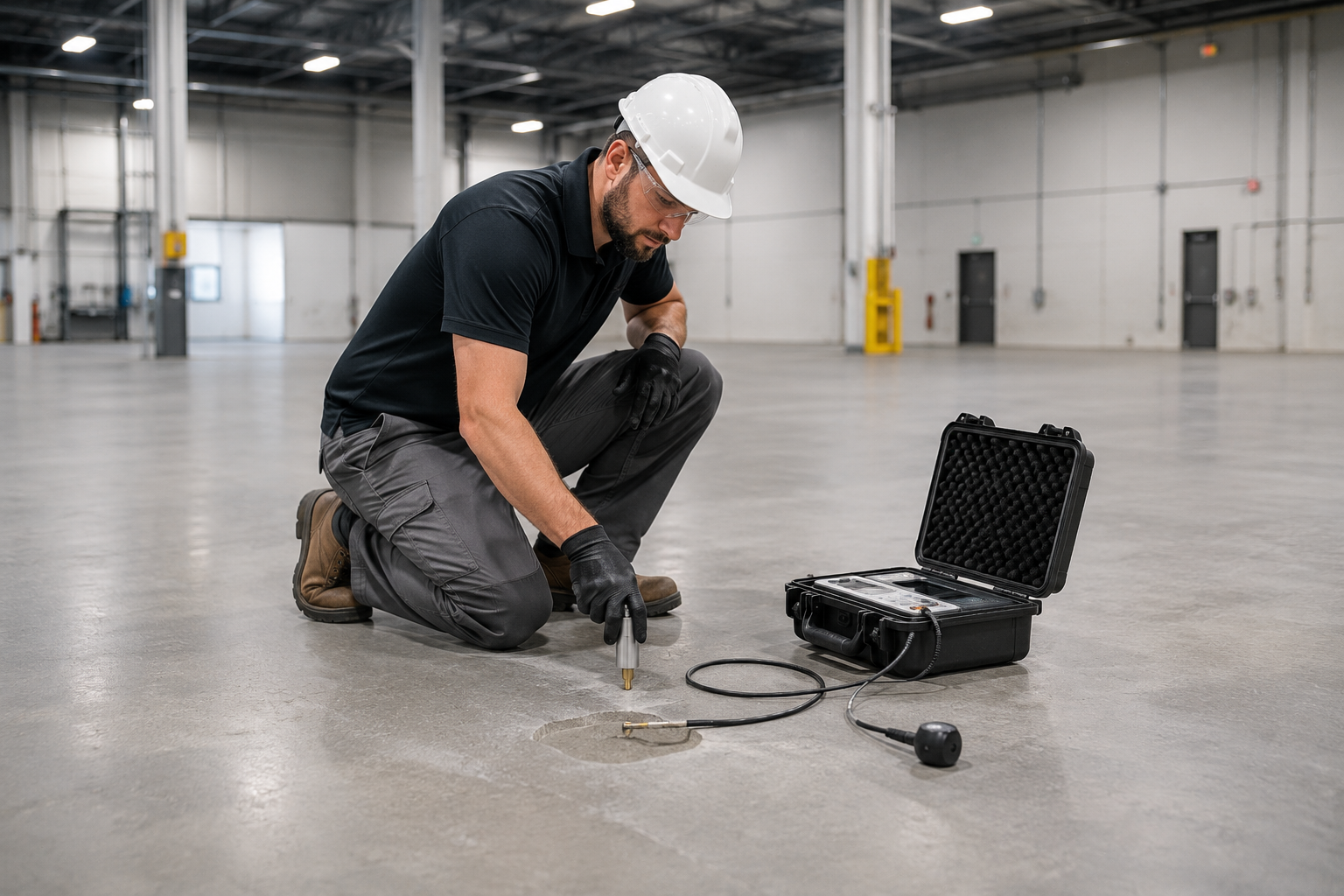 Technician conducting moisture testing on a concrete floor before epoxy coating installation