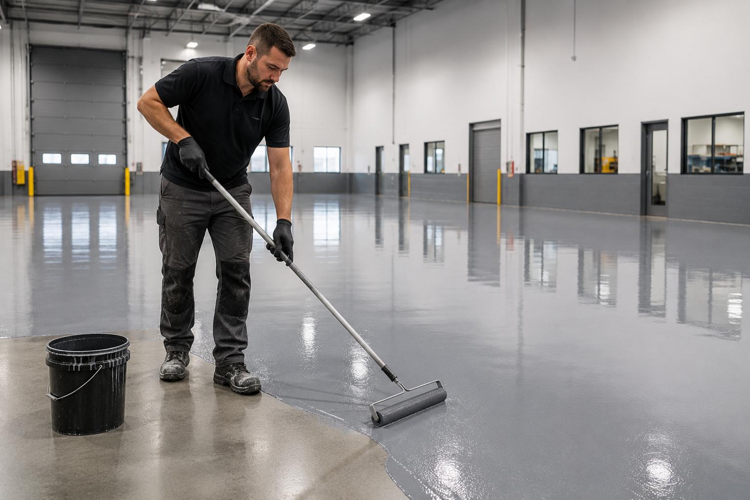 Worker applying gray epoxy coating with a roller inside a large industrial facility