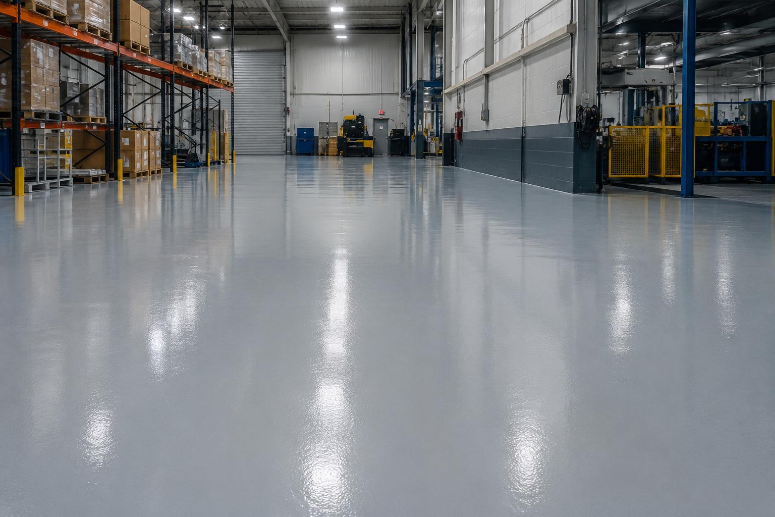 Clean industrial warehouse with seamless gray epoxy flooring and storage racks