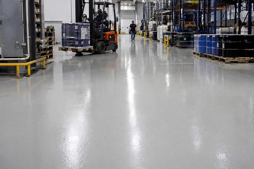 Glossy epoxy-coated warehouse floor with forklift, chemical drums, and storage racks