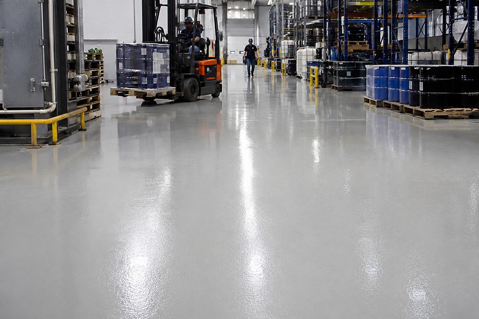 Glossy epoxy-coated warehouse floor with forklift, chemical drums, and storage racks