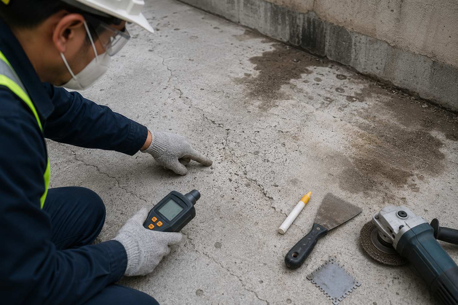 Technician inspecting cracks and moisture on a concrete floor before waterproofing work