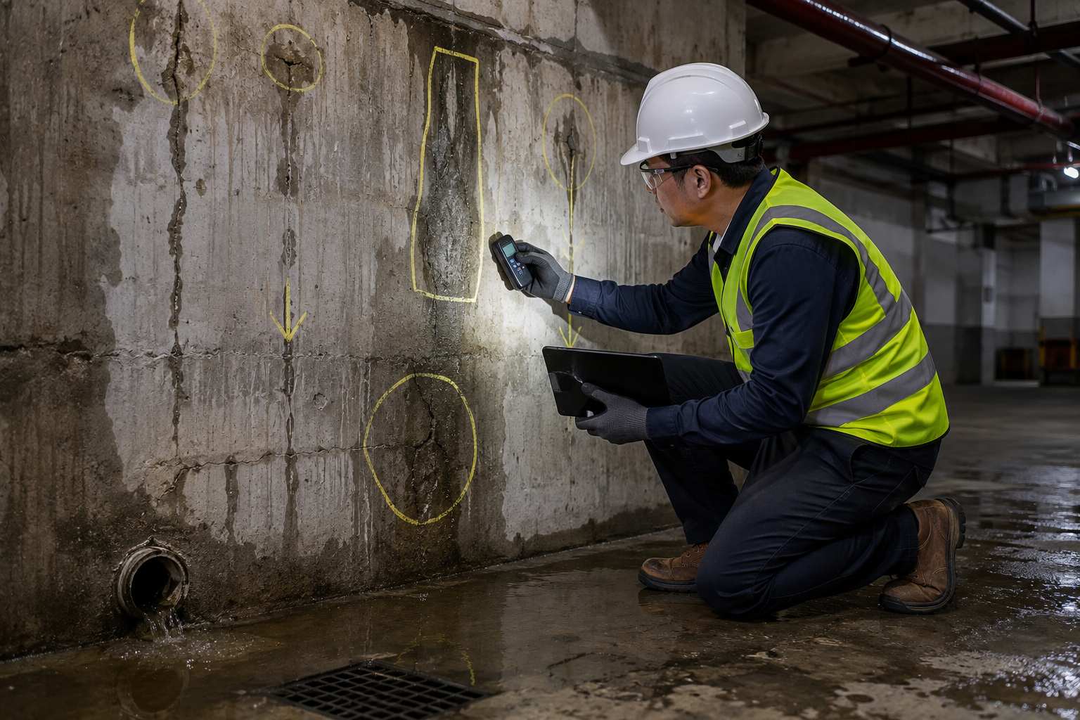 Site inspector checking water damage and cracks on a concrete wall in a basement area
