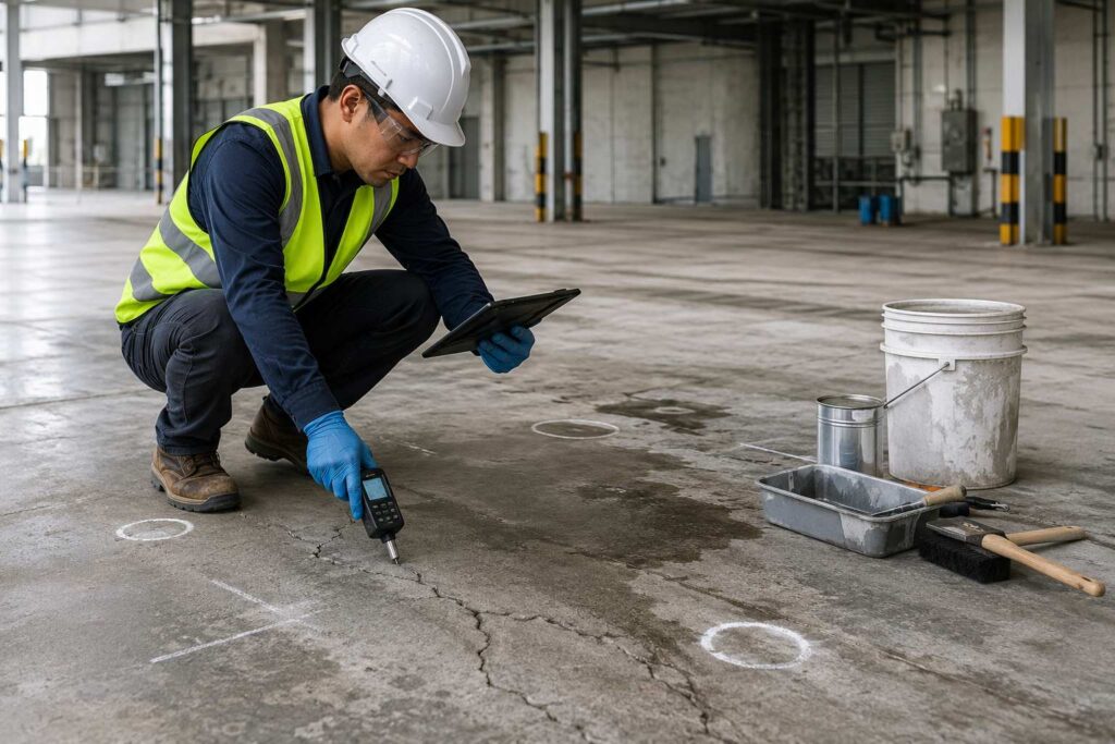 Technician assessing cracked concrete floor conditions before selecting a waterproofing system