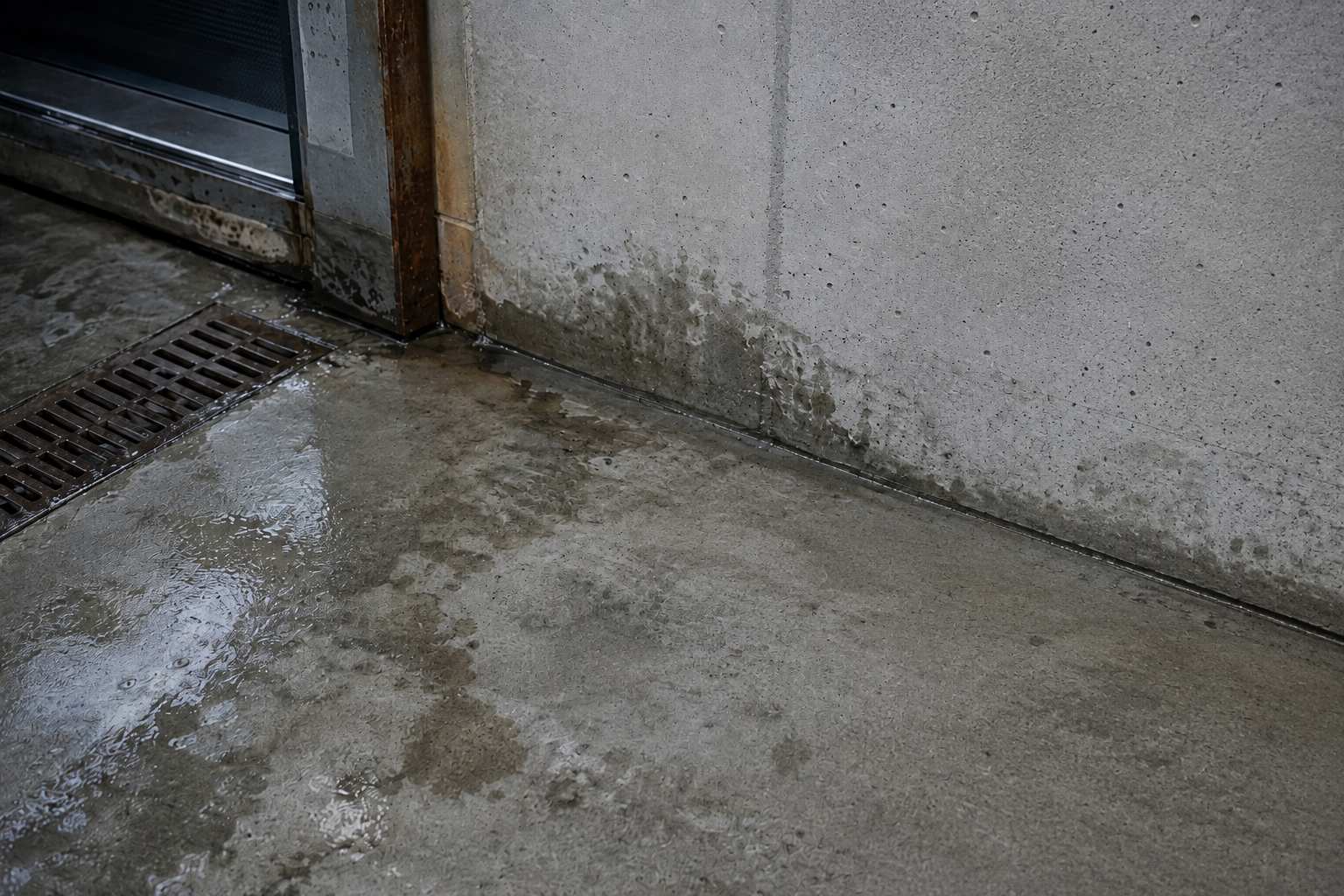 Damp concrete wall and floor near a drain showing early signs of moisture intrusion