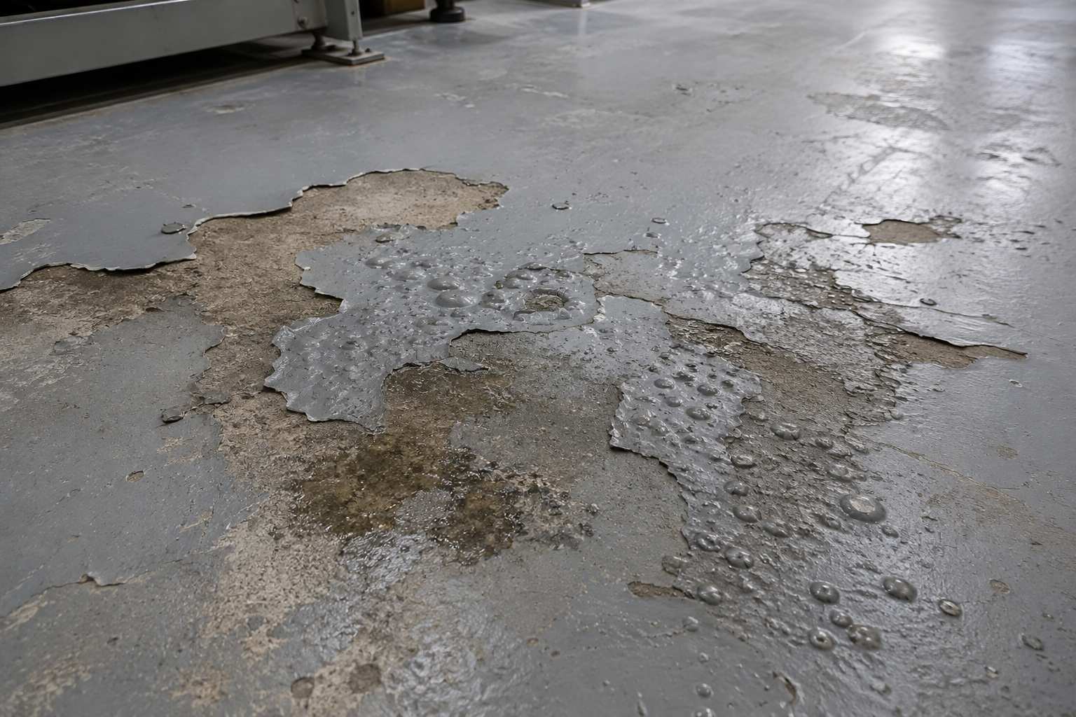 Peeling and blistering floor coating caused by moisture damage on an industrial concrete floor