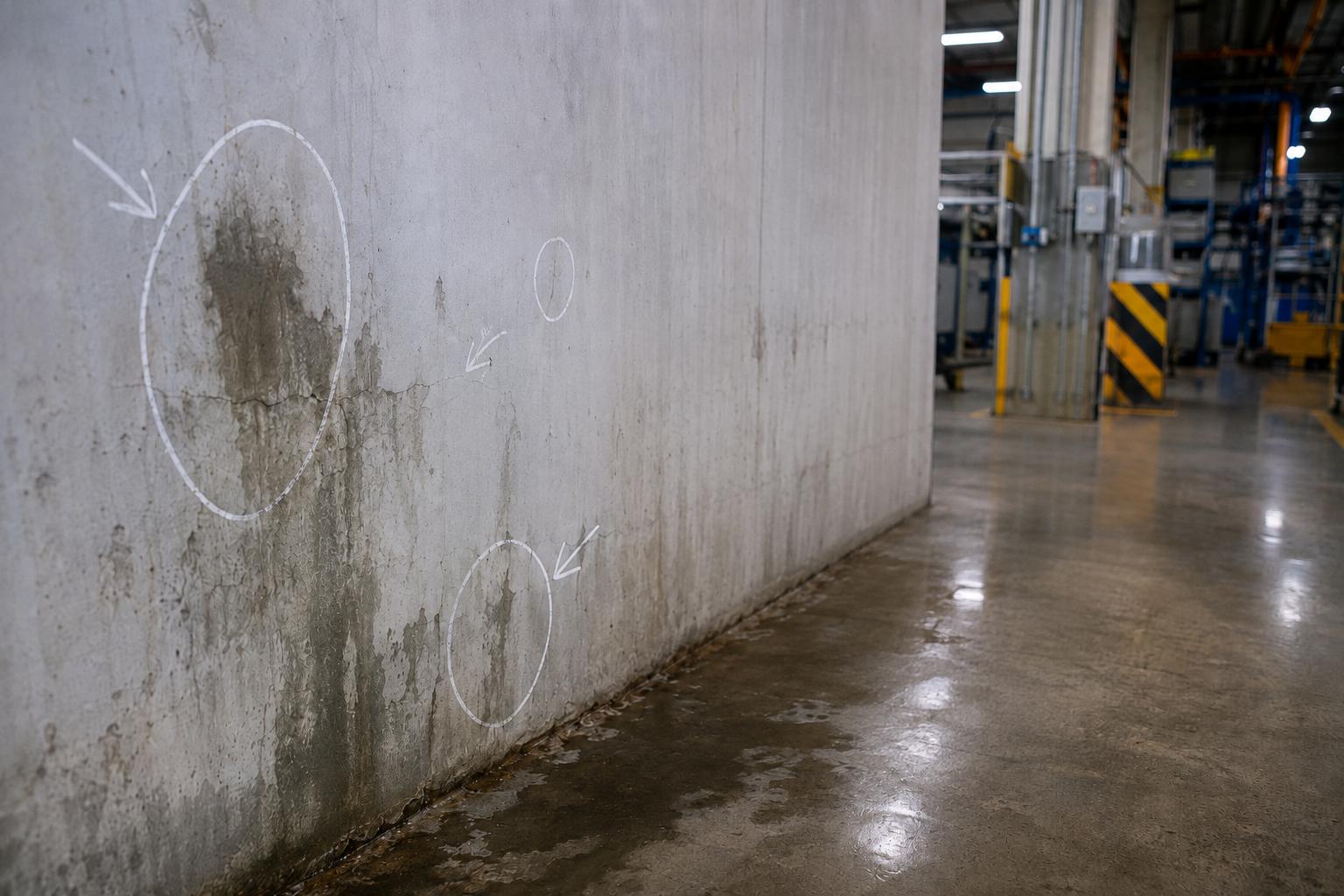 Water-stained concrete wall with marked seepage areas inside an industrial facility