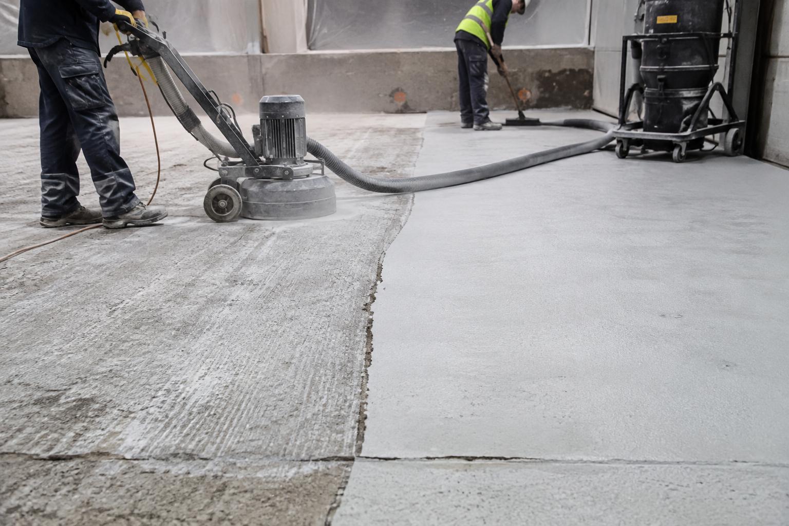 Workers grinding and preparing a concrete floor before waterproofing system application