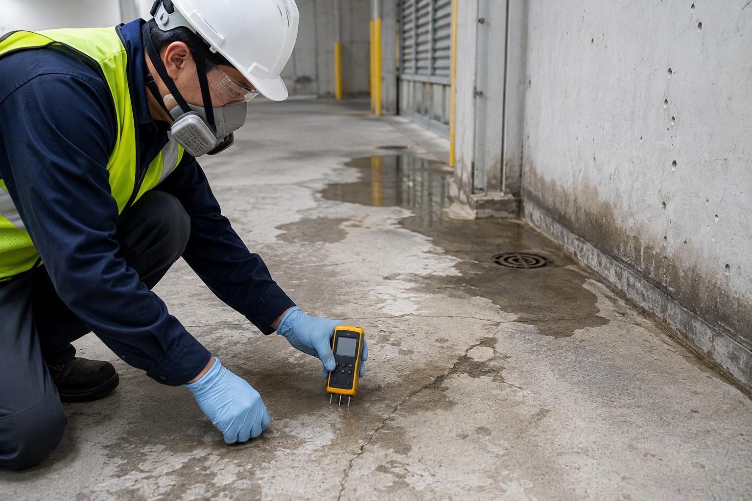Technician conducting moisture testing on a damp concrete floor near a wall-floor joint