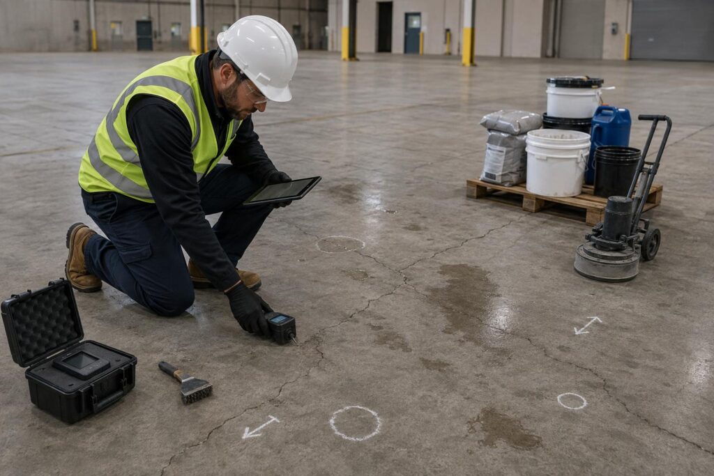 Site inspector checking cracks and moisture on a concrete floor before waterproofing work