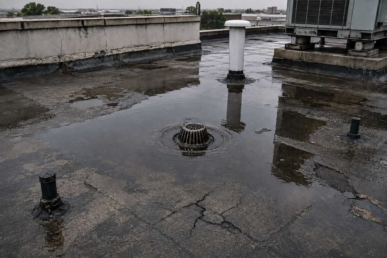 Ponding water on a cracked roof deck with drains and HVAC equipment during rainy weather
