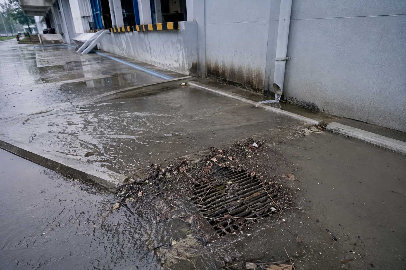 Clogged exterior drain causing water buildup beside a commercial building during rain