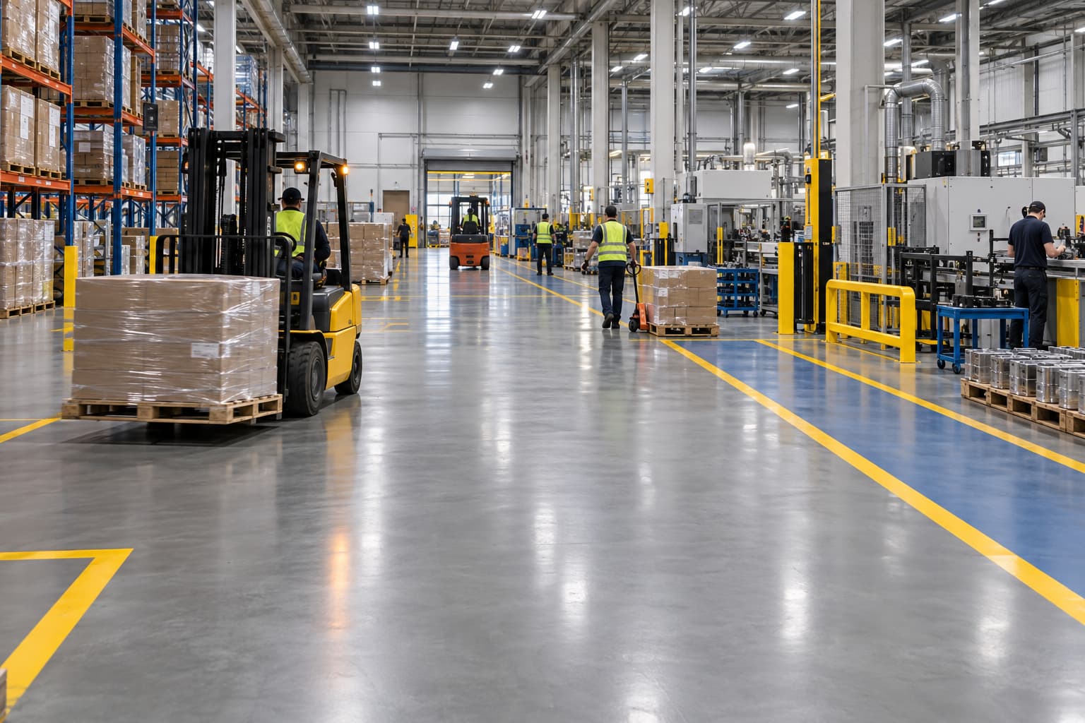 Heavy-traffic manufacturing facility with forklifts, workers, machinery, and seamless epoxy-coated flooring