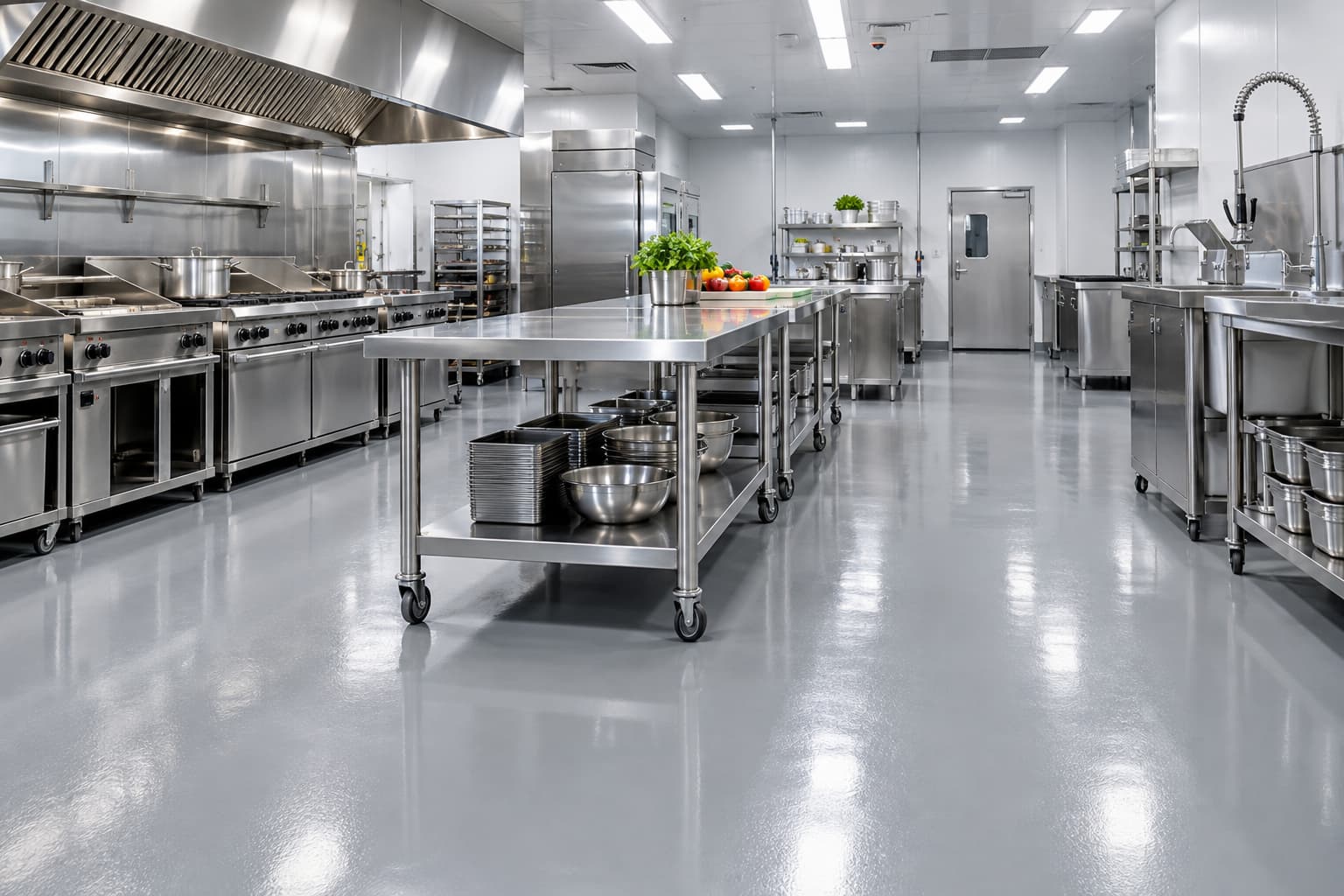 Clean commercial kitchen with stainless steel equipment and seamless epoxy resin flooring