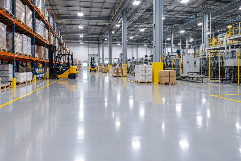 Glossy epoxy resin floor in a clean commercial-industrial warehouse with forklifts and storage racks