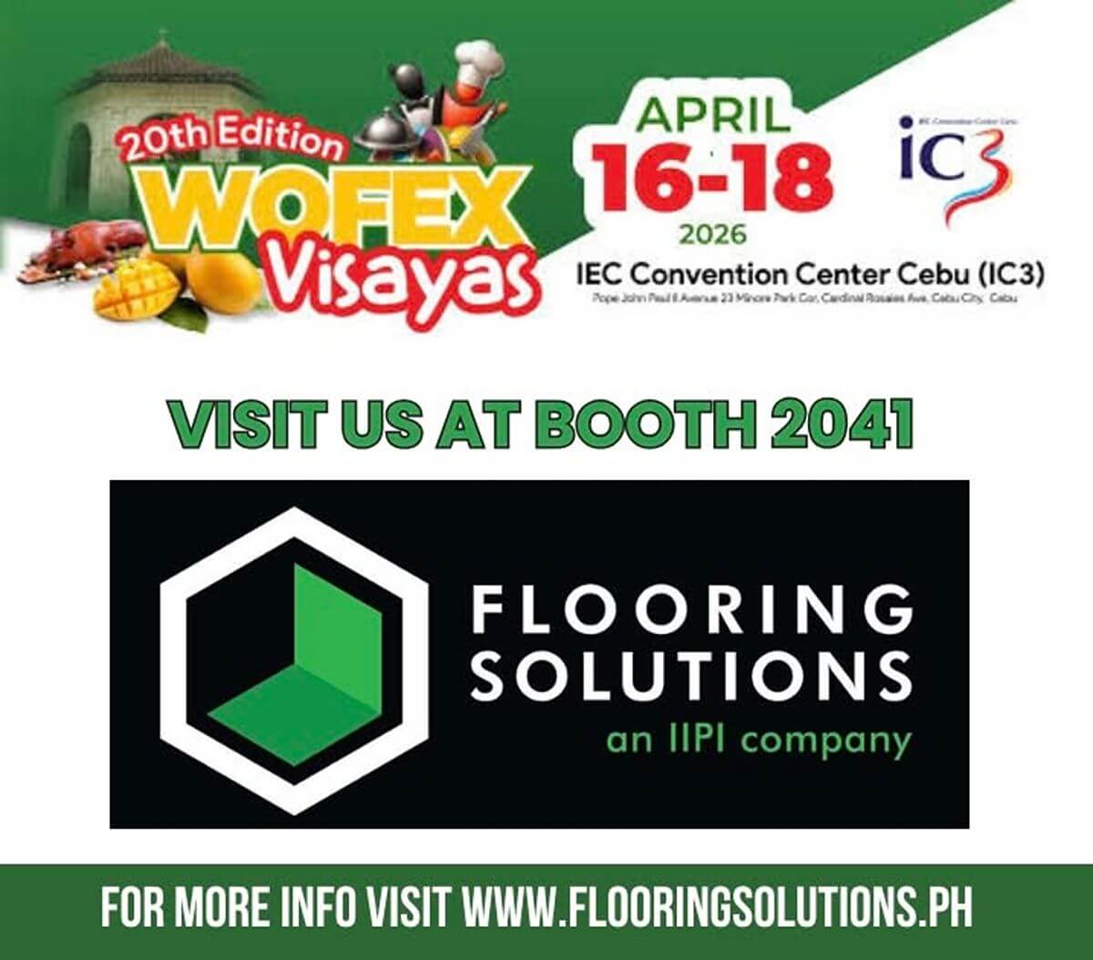 Flooring Solutions booth announcement for WOFEX Visayas 2026 at IEC Convention Center Cebu
