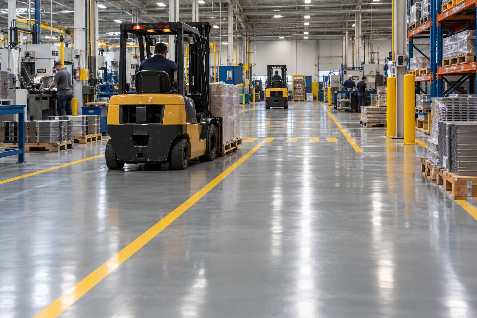 Durable epoxy resin floor supporting forklift traffic in a manufacturing facility