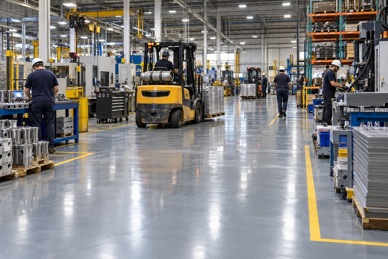 Epoxy resin floor in a busy industrial facility with forklifts and heavy equipment