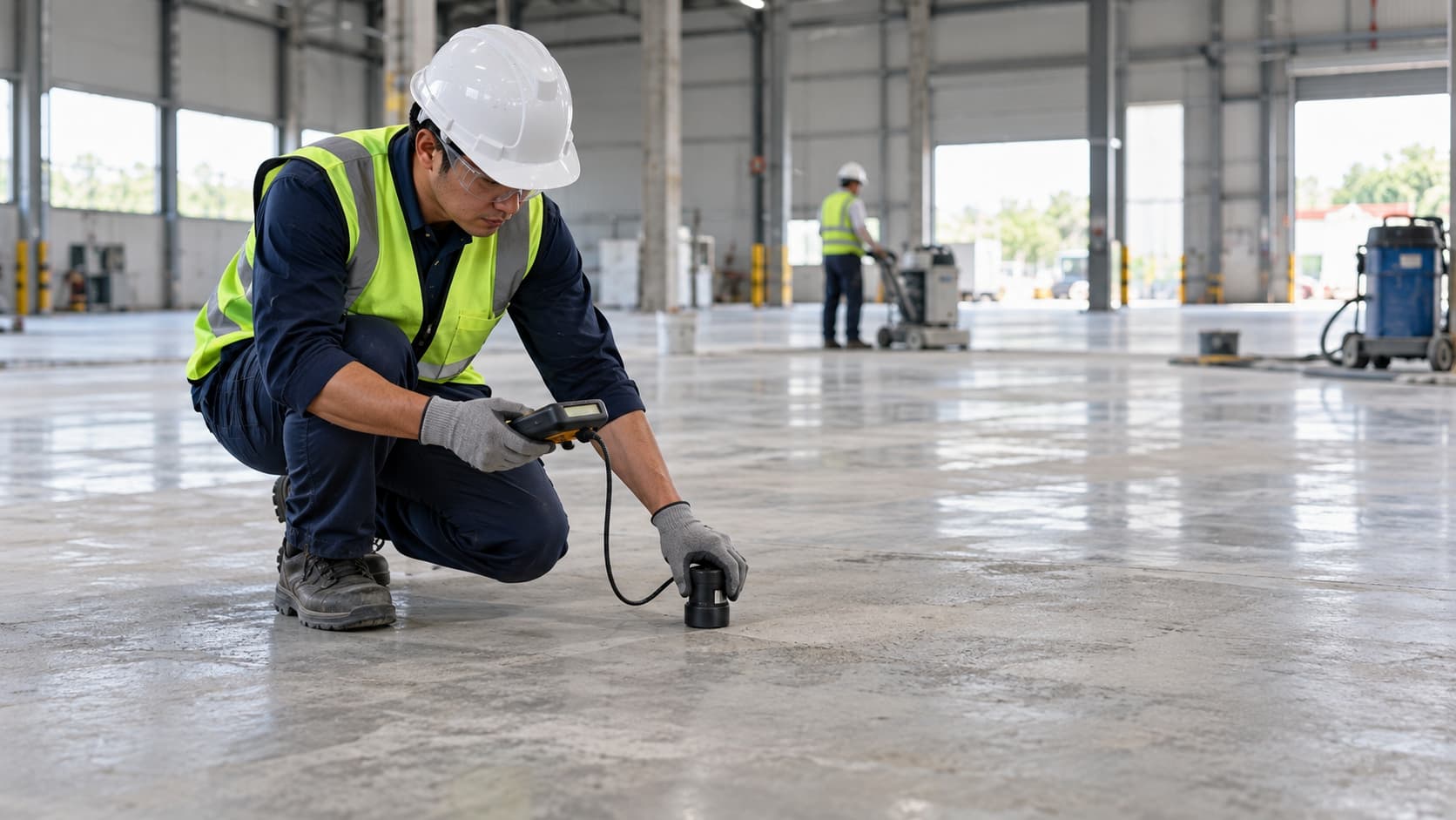 Technician testing concrete slab moisture before epoxy resin flooring installation