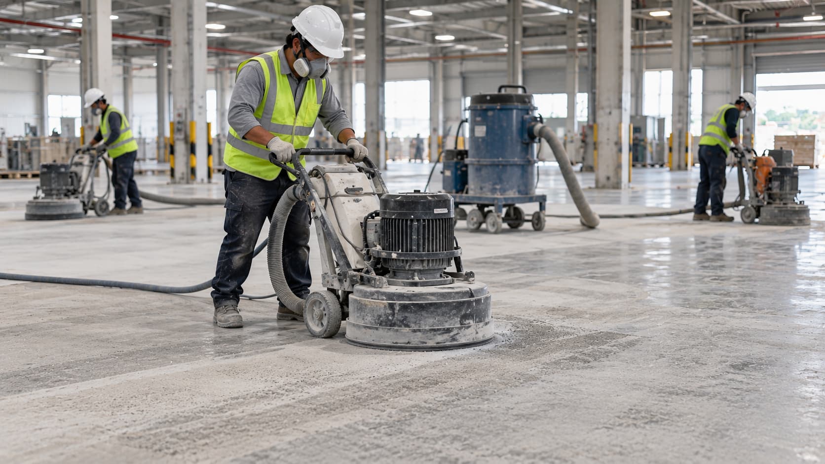 Workers preparing concrete floor surface before epoxy resin application