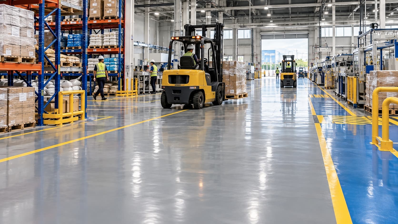 Long-lasting epoxy resin floor in a Philippine industrial facility with forklifts and marked traffic lanes