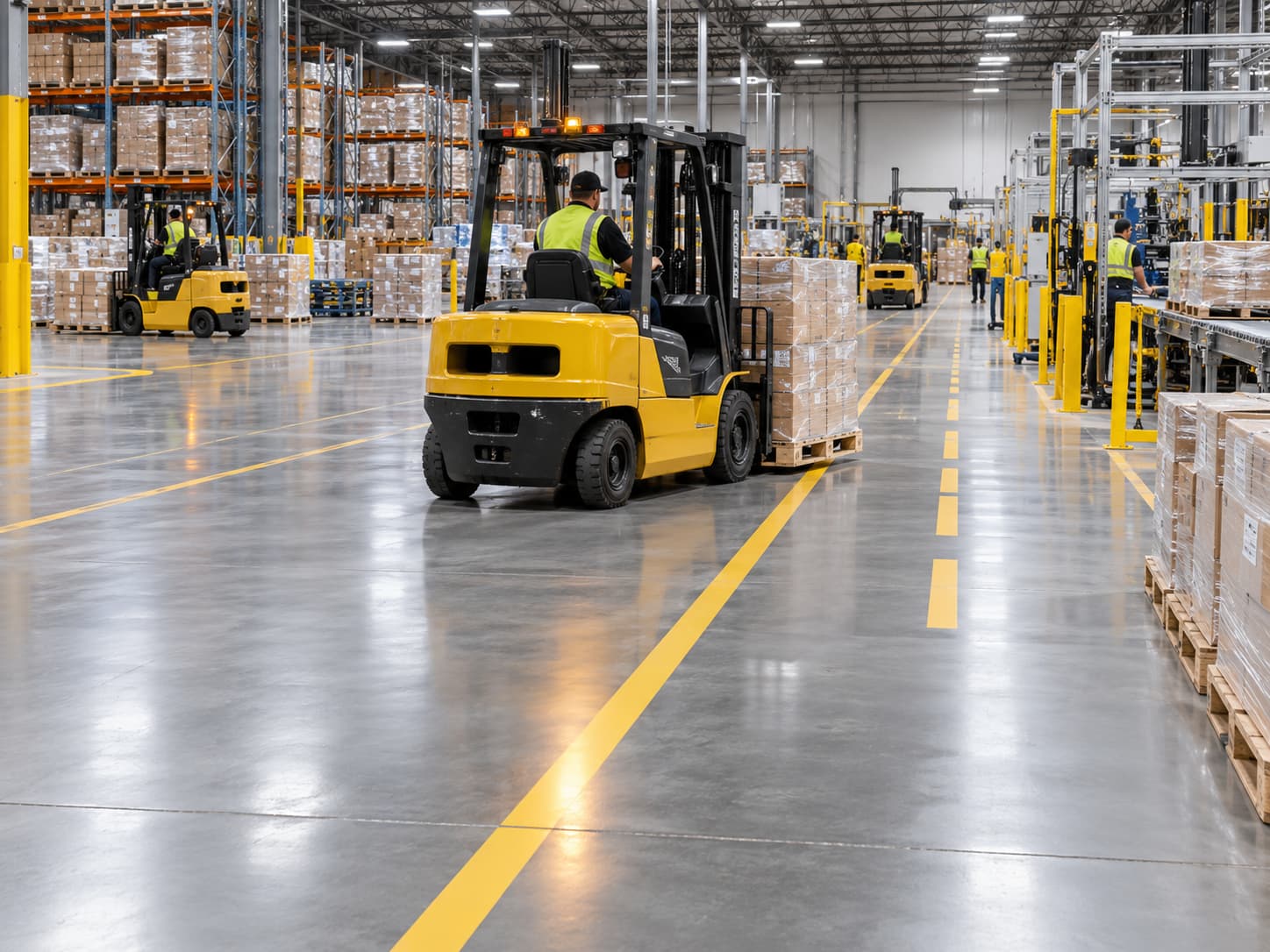 Durable epoxy resin flooring supporting forklift traffic in an industrial facility