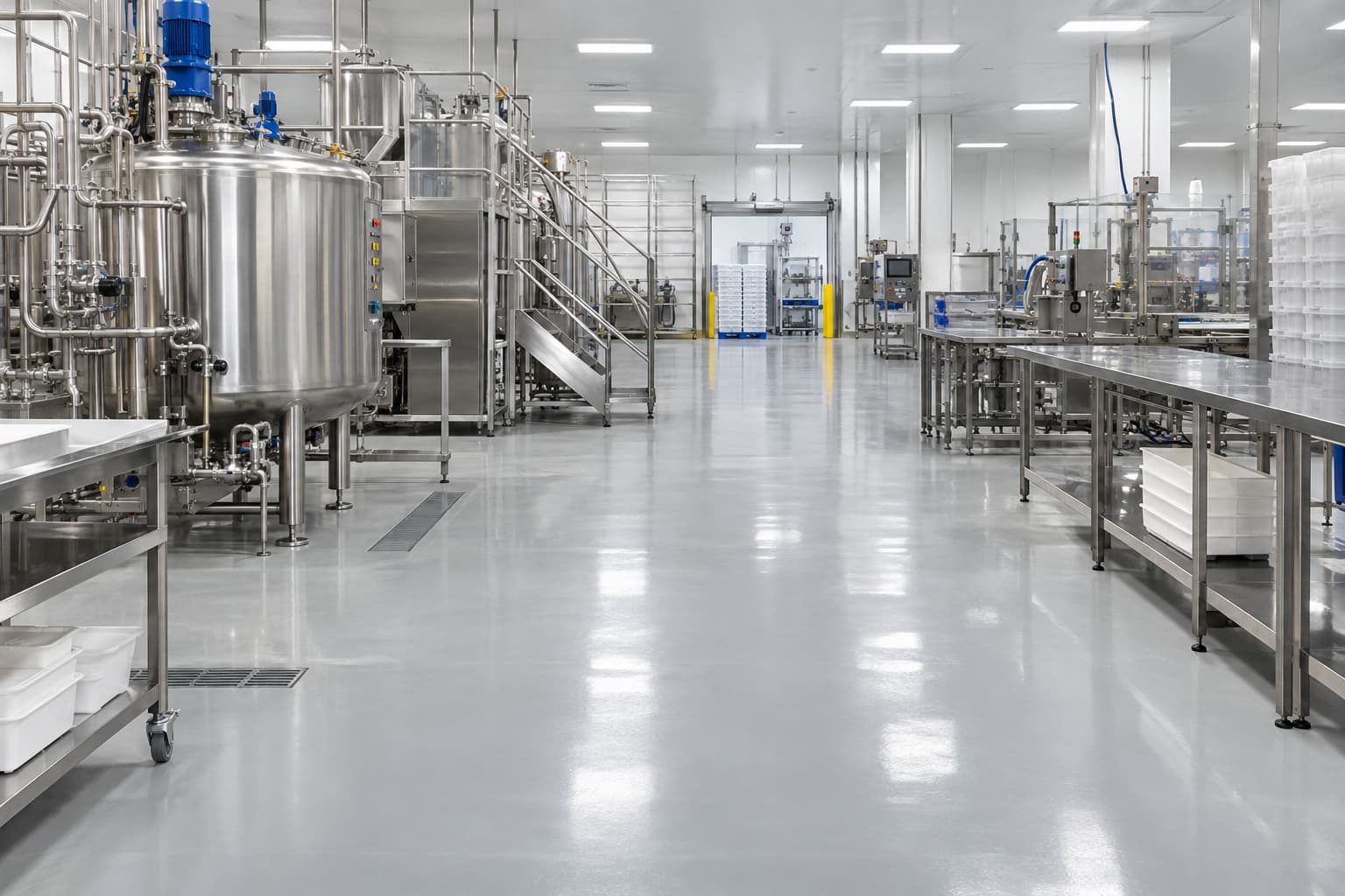 Seamless epoxy resin floor in a hygienic food or pharmaceutical facility